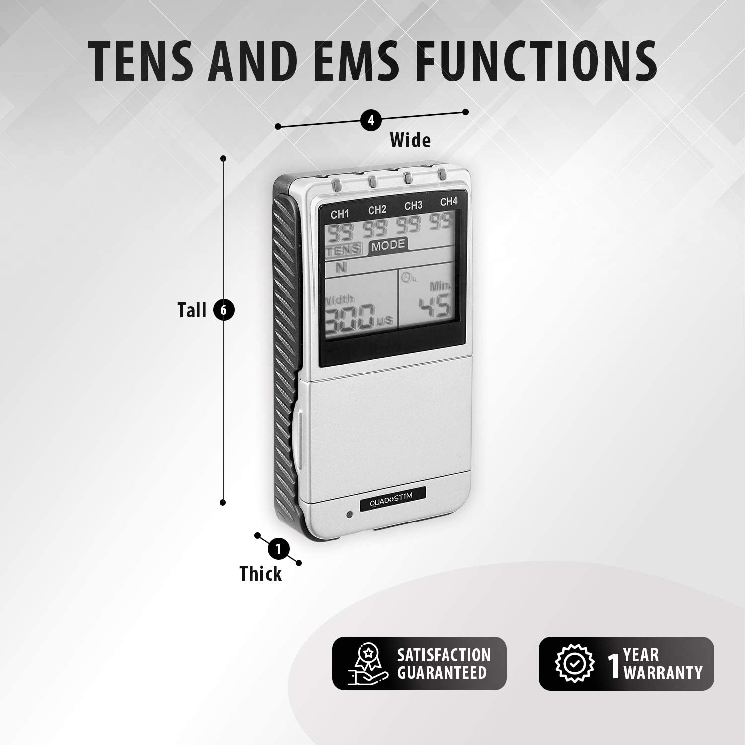 Digital 4-channel EMS/TENS unit, portable/battery or AC adapter